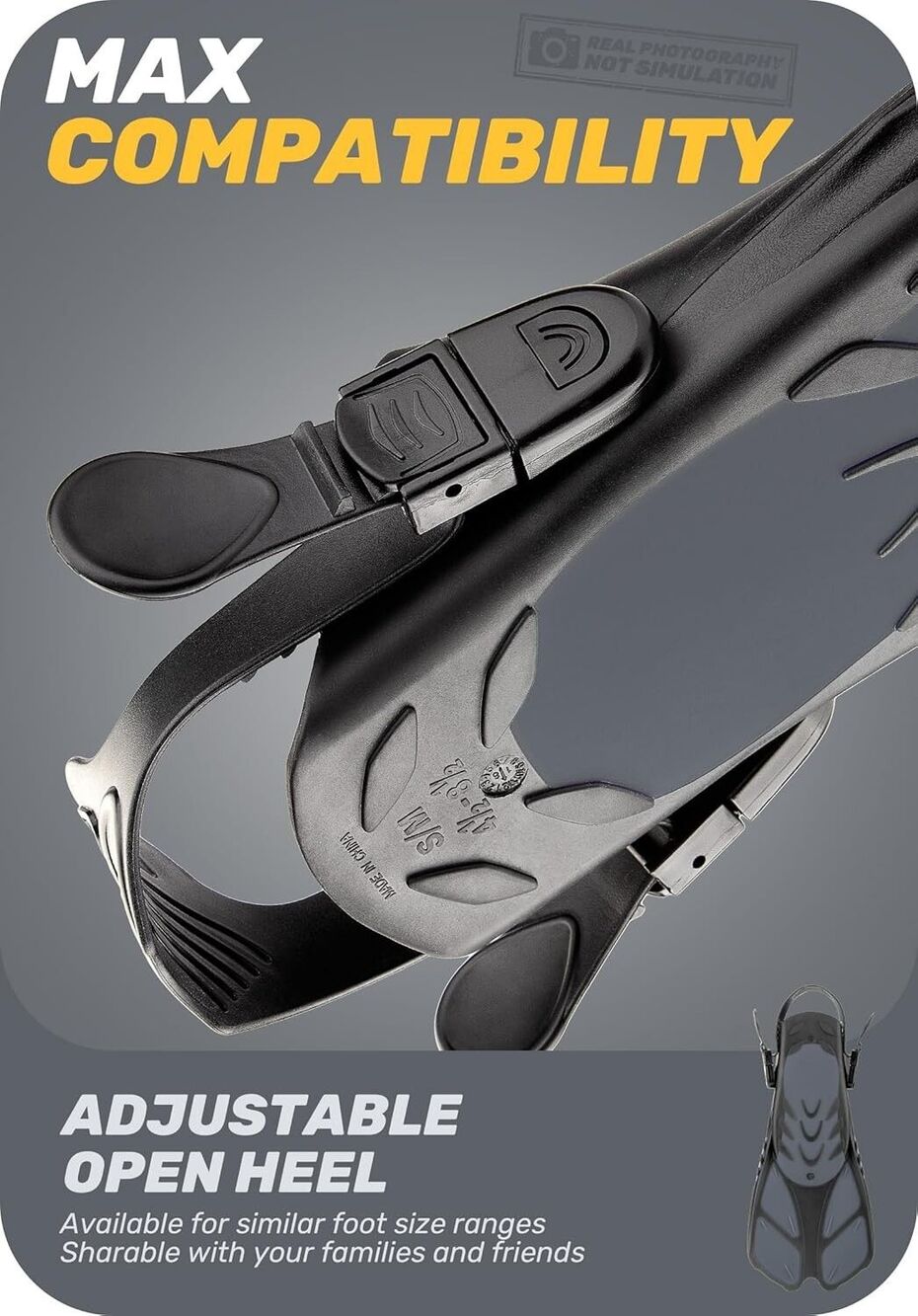 CAPAS Snorkel Fins, Swim Fins Small/Medium Black and Grey NEW - Picture 3 of 6